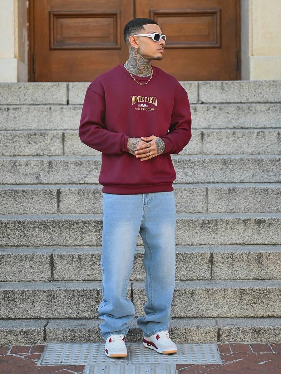 Devon Thys Men Letter Embroidery Sweatshirt, Fall, Long Sleeve Top - Burgundy - View 1