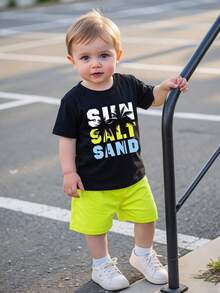 SHEIN Playful Pals Infant Toddler Baby Boy 2-Piece Outfit Classic Palm Tree Print T-Shirt & Lime Green Shorts Set Summer Casual Beach Holiday Clothing For 6M-3T Boys - Multicolor - View 3