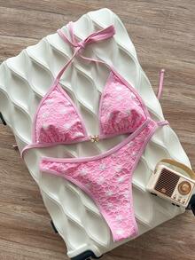 Swim Mod Women's Summer Beach Vacation Pink Floral Texture Halter-Neck Bikini Swimsuit Set,Starfish-Decorated Backless Swimsuit Two-Piece Outfit Tropical - Pink - View 3