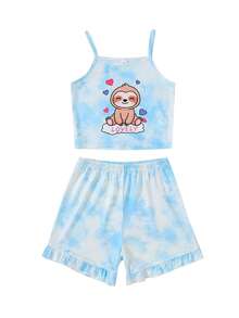 4pcs/Set Girls Cute Cartoon Otter, Teddy Bear, Heart, Number 67, Rabbit, Tie-Dye Gradient, Solid Color, Cartoon Print Sleeveless Camisole Top With Ruffled Hem Shorts Pajama Set, Comfortable Soft Knit Fabric, Casual Daily Wear For Spring/Summer - Multicolor - View 15