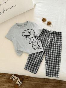 SHEIN Baby Boy Baby Boy 2pcs/Set Spring Summer Cute Dinosaur Pattern Short Sleeve T-Shirt And Green Plaid Long Pants Pajama Set, Suitable For Home, Casual, Outings And Daily Wear - Multicolor - View 5