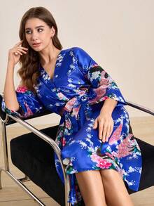 Hourtrue 1 pieza Bata larga con estampado de pavo real - azul real - Ver 7