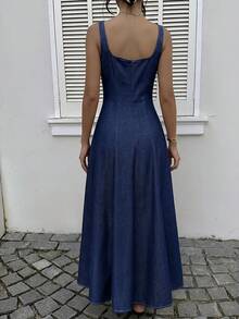 SHEIN Tall 女款方領無袖牛仔長洋裝，休閒夏季海灘度假優雅穿搭，時尚收腰細肩帶裙，適合高個女性 - 深色水洗藍 - 查看 2