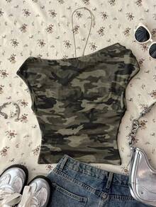 Attitoon Áo croptop nữ ôm sát nhún vai lệch, họa tiết rằn ri xanh in toàn thân, phong cách đường phố thường ngày, phù hợp mùa xuân và mùa hè - Nhiều màu - Xem 2