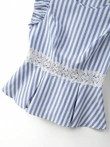 GlowEve CURVE Blusa estiva da donna a righe blu & bianche, collo tondo, vita stretta, maniche a volant, taglio in vita con pizzo, linea ad A, elegante e raffinata in stile francese - Blu e Bianco - Visualizzare 5