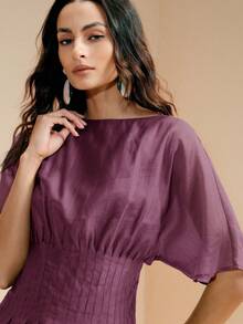 Arave Women's X-Shaped Round Neck Short Sleeve Pleated Waist Ruffle Hem Casual French Elegant Commuter Top Teachers' Day Office Brunch Mauve Purple Summer - Purple - View 5