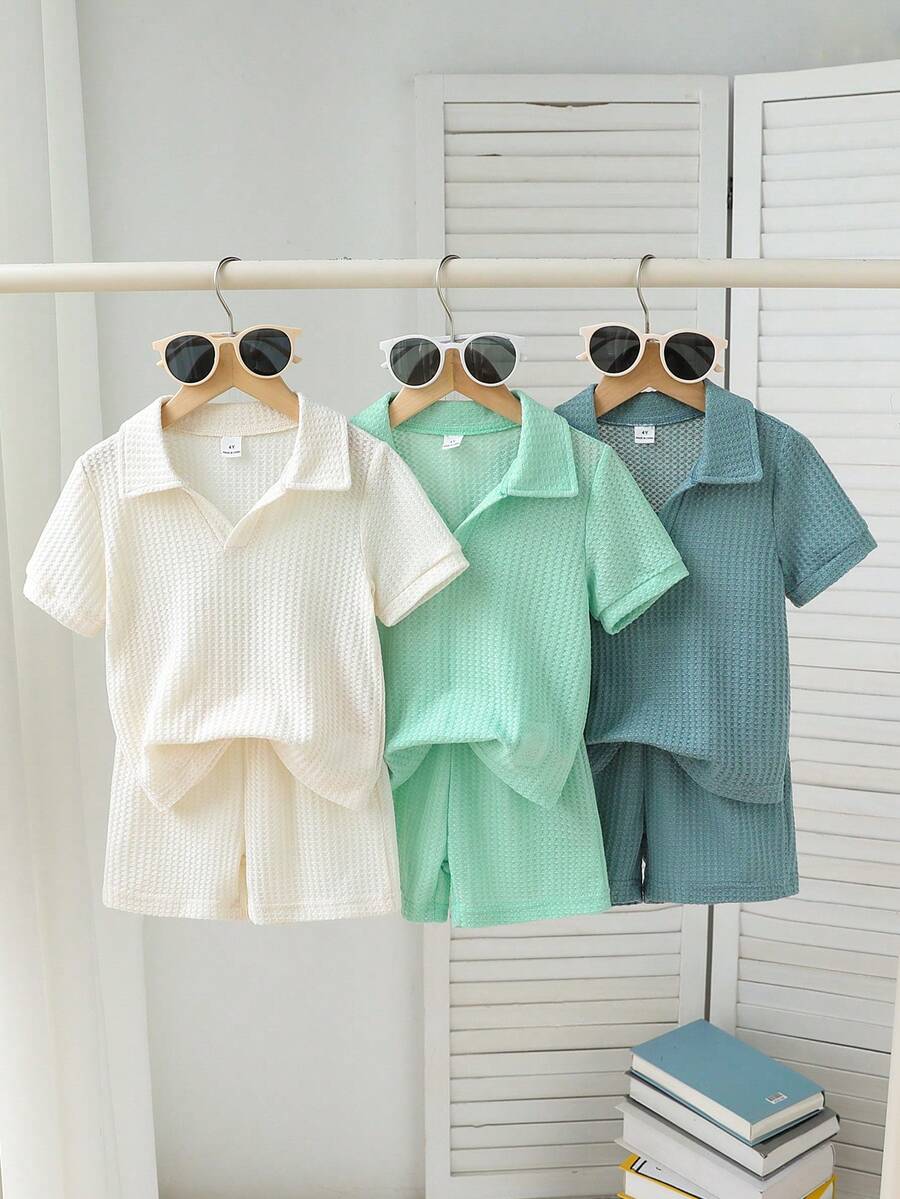 SHEIN 幼童男孩 6 件組紋理 Polo 領上衣褲子套裝 初秋返校休閒童裝穿搭 - 彩色 - 查看 1
