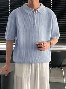 DAZY Men's Solid Color Polo Neck Knit Top, Haze Blue, Summer - Baby Blue - View 3