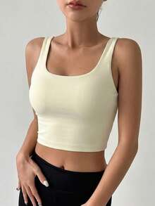 DAZY Bra Olahraga Wanita Minimalis Warna Polos dengan Bagian Belakang Berongga, Musim Panas - Krem - View 3