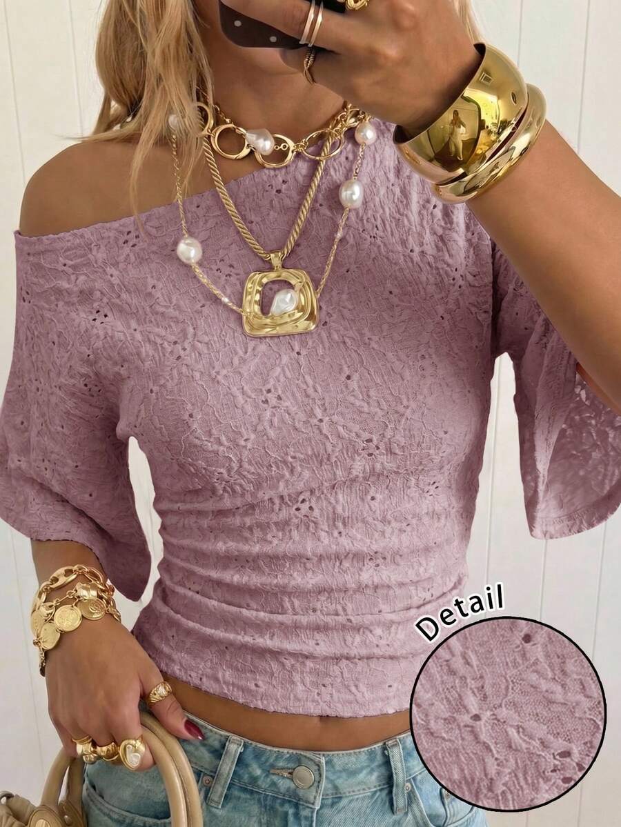 SHEIN EZwear 多巴胺風蓮花淺紫色紋理針織蝙蝠袖短版T恤(女款),夏季上衣,適合日常通勤、早午餐、約會之夜 - 紫色 - 查看 1