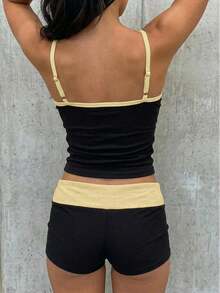 SHEIN EZwear 夏季對比飾邊細肩帶上衣與短褲套裝 - 黃色 - 查看 2