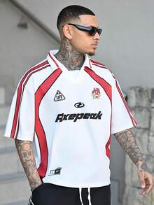 Devon Thys Herren Sommer Lässig Kontrast Farbe Buchstaben Muster Kurzarm Poloshirt - Weiss - Übersicht 5