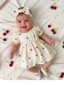SHEIN Newborn Baby Girl Casual Cute Cherry Print Short Sleeve Dress - Multicolor - View 1