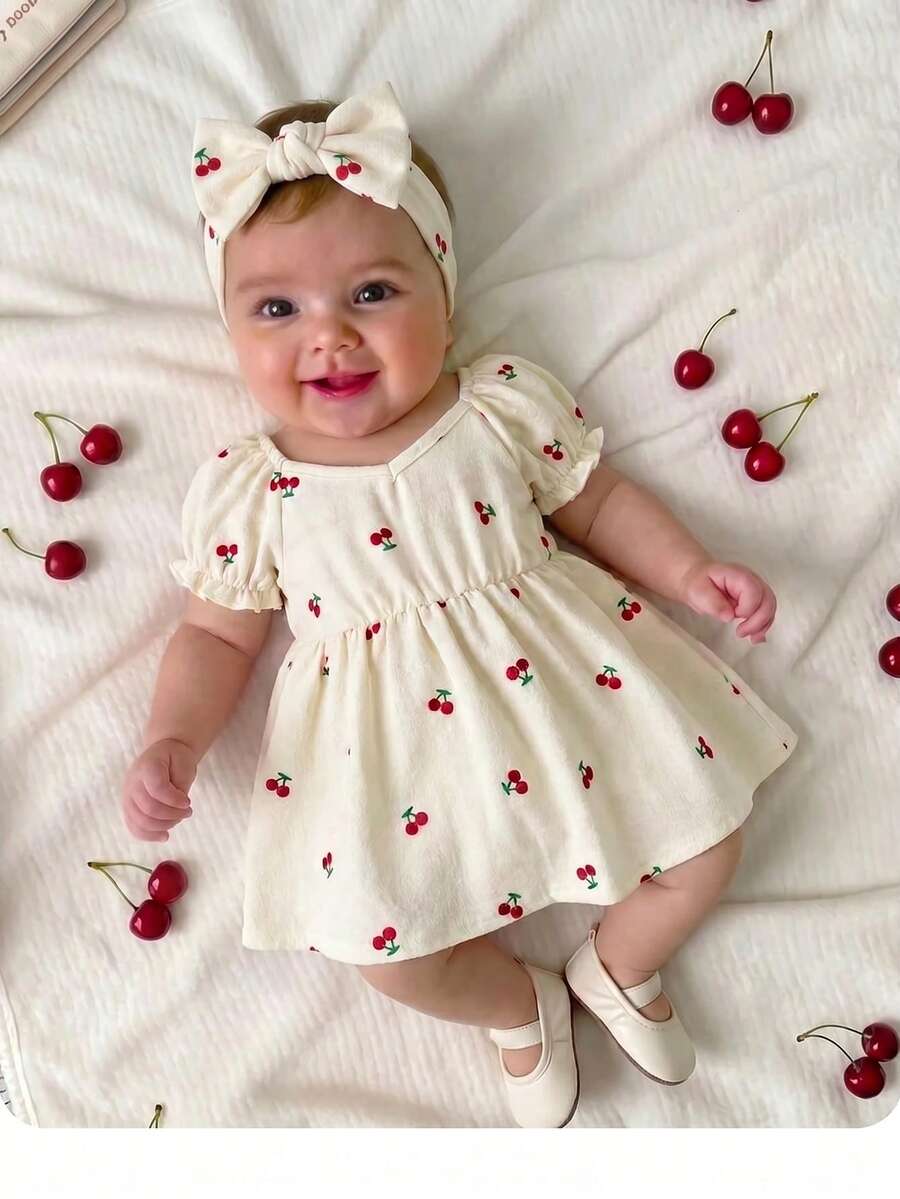 SHEIN Newborn Baby Girl Casual Cute Cherry Print Short Sleeve Dress - Multicolor - View 1