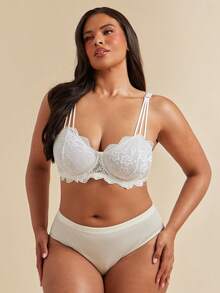 SHEIN BAE CURVE Plus Floral Lace Scallop Trim Underwire Bra Lingerie, Lift - White - View 4