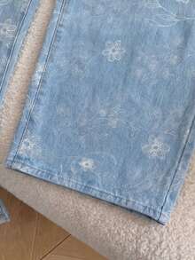 EMERY ROSE Mature Denim Quần jeans ống rộng suông thoải mái có túi in họa tiết hoa cho nữ - Rửa trung bình - Xem 5