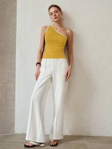MOTF PREMIUM WOMEN'S SUMMER CASUAL VACATION CONTRAST TRIM ONE SHOULDER FITTED TOP - Ginger - View 4
