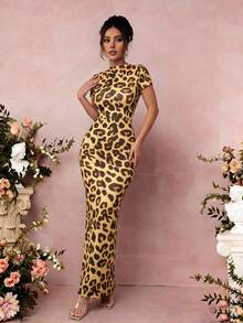 Rafferiza Women's Spring/Summer Ruched Waist Leopard Print Vacation Beach Long Sleeve Dress Slim Fit - Yellow - View 3