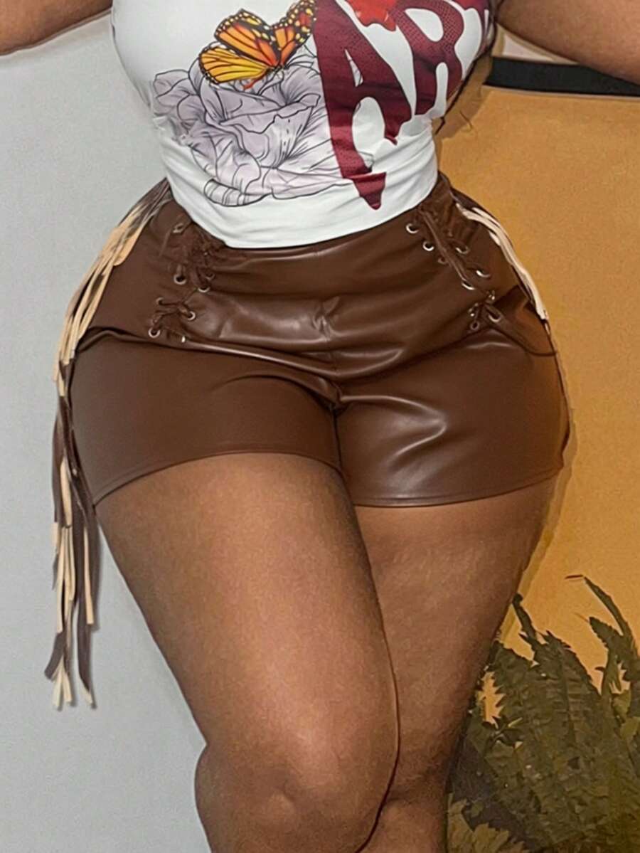 Slaydiva Plus Size Chocolate Brown PU Fabric Super Short Shorts,Nomadic Solid Hollow Lace-Up Tassel Patchwork Decor Street Style Kawaii Rave Autumn Chic