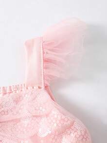 SHEIN Glamorique Kids 女孩公主洋裝，細肩帶搭配荷葉袖，粉色薄紗公主長裙，亮片，舞會禮服，優雅正式洋裝，畢業禮服，夏季洋裝 - 粉色 - 查看 7