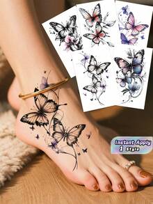5-Piece Couple Temporary Tattoo Stickers, Waterproof Butterfly & Rose Pattern False Tattoo, Long-Lasting Dermatologically Tested Easy Apply Remove, For Music Festival Tattoo Party Pool Party Outdoor Festival - Multicolor - View 1