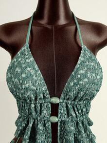 Zestiva Women's Sage Green Textured Fabric Beaded Bikini Set, Summer Vacation Casual Tropical Beach Party Outfit - Green - View 8