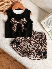 SHEIN Baby Girl Summer Apricot Leopard Print Set, Textured Sleeveless Top And Leopard Print Shorts With Apricot Bow Accent, Essential Daily Outfit - Black - View 1
