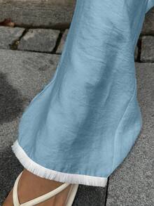 2-Piece Set Of White Linen Tank Top With V-Neck And Ruffled Hem, And Low-Waisted Fringed Trousers, Dress Set - White - View 6