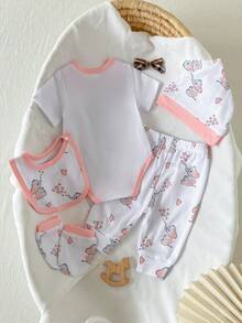 SHEIN Playful Pals 5件組新生兒男嬰女嬰粉色&白色大象愛心印花連身衣 + 彈性腰圍滿版印花長褲 + 帽子手套圍兜休閒舒適純棉柔軟套裝，適合夏季外出或居家穿著 - 淺粉色 - 查看 2