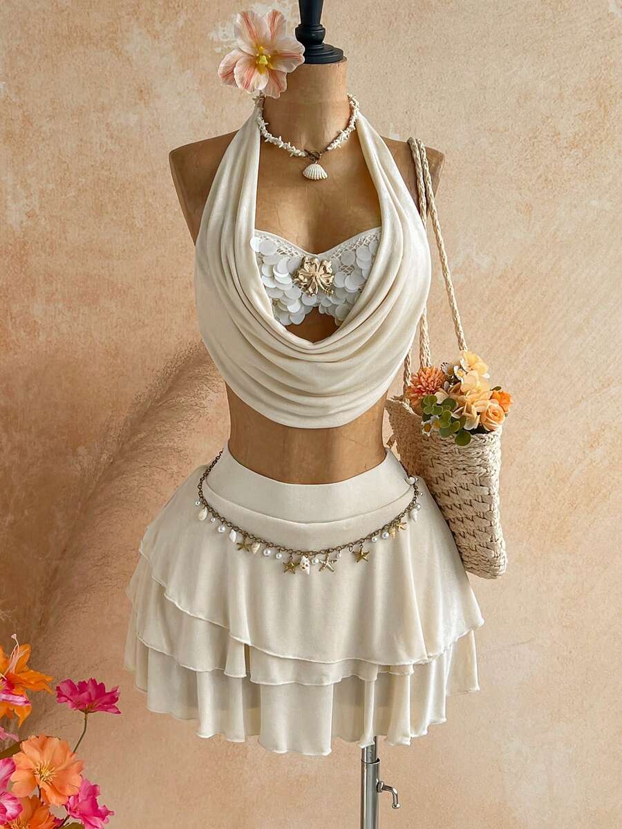 Soleia 女款度假落日漸層色垂領繫帶上衣，大荷葉領搭配花卉金屬扣飾，多層荷葉蛋糕迷你裙，2件套，休閒度假沙灘修身迷你裙，適合度假約會下午茶、沙灘郵輪假期、公路旅行城市度假、四季穿著、音樂節穿搭、波希米亞度假風 - 白色 - 查看 1