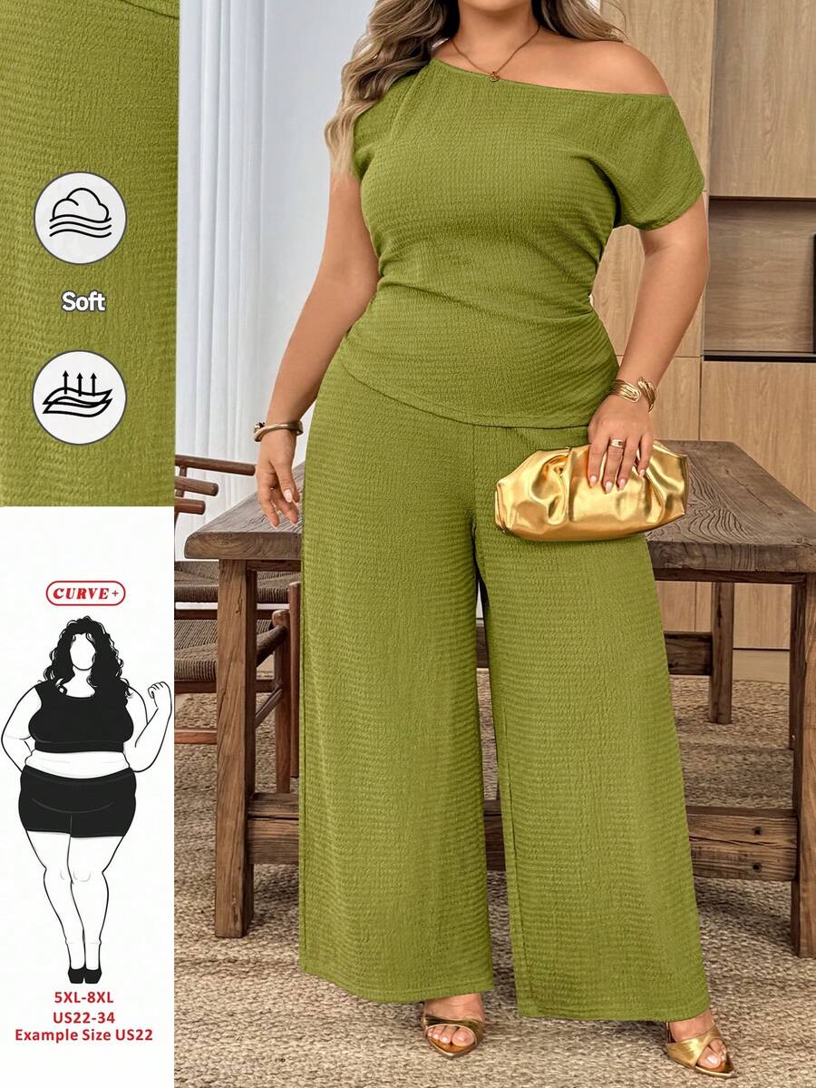 SHEIN CURVE+ Conjunto de 2 piezas de pantalones anchos asimétricos de cintura ceñida y un hombro asimétrico en color verde elegante de alta gama, adecuado para fiestas de música, Pascua, estilo occidental, estilo nómada, fiestas de cumpleaños, graduaciones, universidad, estudiantes, uso diario casual, ocio, vacaciones, cruceros, playa, soleado, los talla grande vendidos, ropa urbana, invitados de boda bohemios, ir y venir, brunch, aeropuerto, fiestas, salidas festivas, cenas elegantes, galas, ocio, uso en el hogar/oficina Y2K - Verde - Ver 1