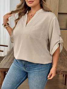 SHEIN CURVE+ Áo sơ mi đen tay xắn cổ tay cho người size lớn, thanh lịch, đi nghỉ, cơ bản - Màu be - Xem 7