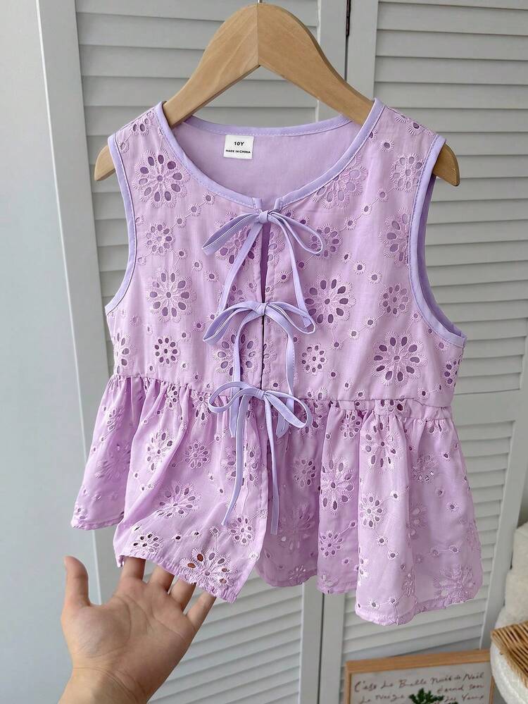 SHEIN Tween Girls' Casual Everyday Vacation Textured Bow Front Blouse - Purple - View 1