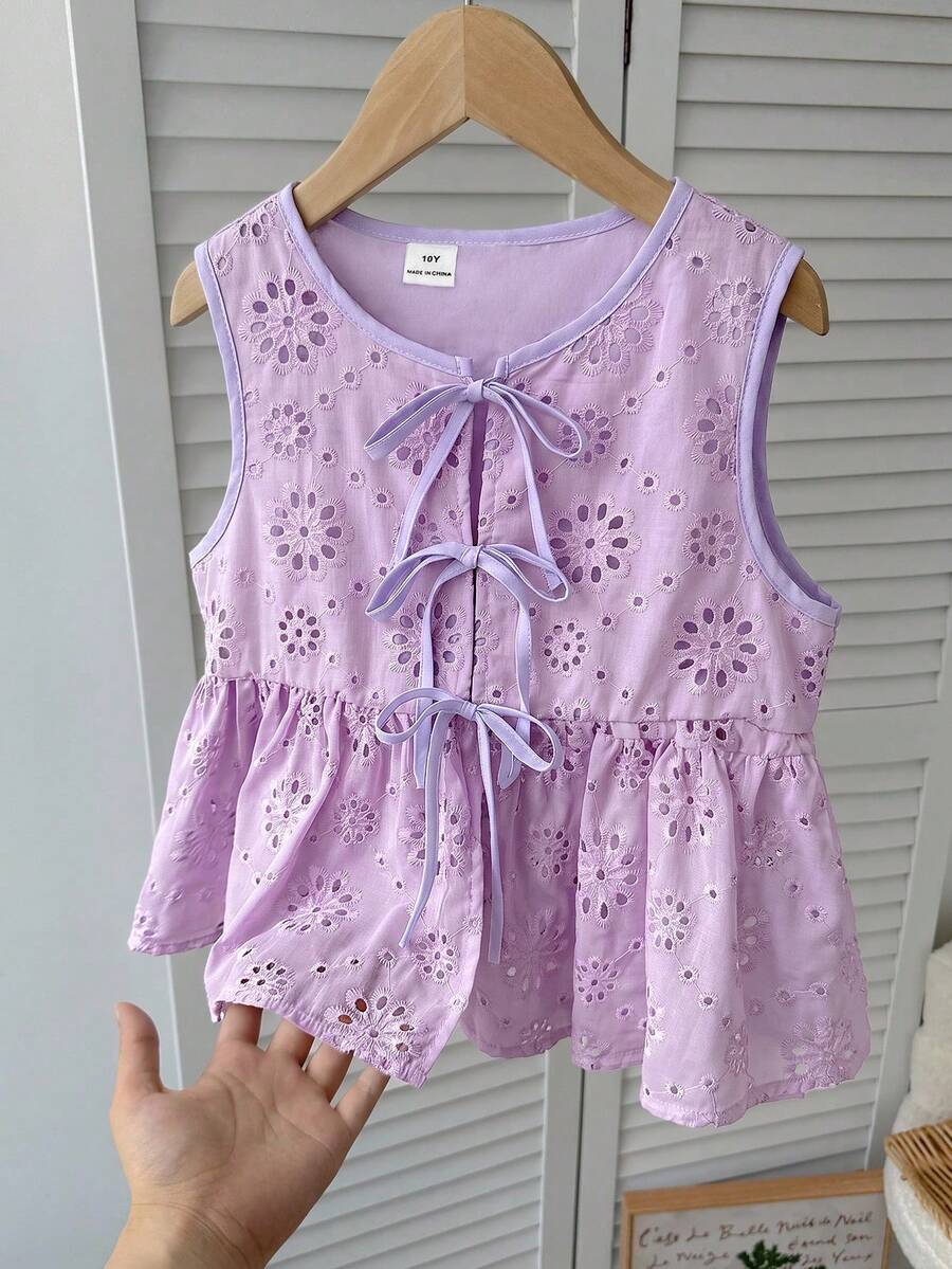 SHEIN 少女休闲日常度假纹理蝴蝶结前襟衬衫 - 紫色 - 查看 1