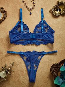 PinupPomp 2pcs/Set Blue Women Embroidery Romantic Seductive Sexy Lingerie Set - Blue - View 2
