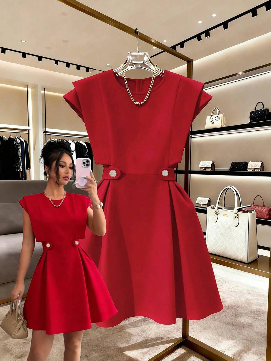 Elenzga Đầm ngắn nữ thanh lịch, lãng mạn, thích hợp mặc đi nghỉ mát và đi làm hàng ngày, đầm đỏ sang trọng cho nữ, đầm thanh lịch cho nữ, đầm dự tiệc nữ mới về, đầm midi có thắt lưng, đầm nữ mới về, đầm đỏ thường ngày cho nữ, đầm thời trang nữ. - Đỏ - Xem 1