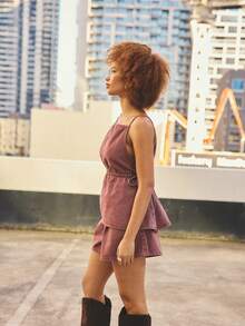 Aralina Conjunto de 2 piezas para mujer de verano / invierno con top de mezclilla fruncido con detalle de lazo y shorts, atuendo lindo para salir y vacaciones, estilo Y2K Estocolmo - Color caoba - Ver 10