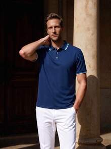 Officeau Men's Colorblock Striped Print Casual Short Sleeve Polo Shirt, Summer Men Polo Shirts - Royal Blue - View 8