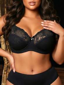 Divavoom 1pc Plus Size Lace Patchwork Wireless Bra - Black - View 5