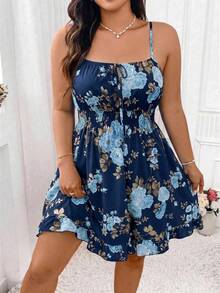 Elenzga Plus Size Navy Blue Rose Print Tie Front Ruffle Cami Dress - Navy Blue - View 3