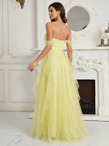 SHEIN Belle Vestido de dama de honor con hombros descubiertos, fruncido en el pecho, volantes asimétricos multicapa en el bajo - Amarillo - Ver 2