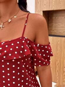 SHEIN Tall Plus Size Women's Summer Vacation Polka Dot Dress, Ruffle Collar, Suitable For Daily Outings/Romantic Long Dress/Vacation Travel - Multicolor - View 3