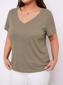 SHEIN BASICS 大码女式纯色简约日常V领短袖上衣 - 咖啡棕 - 查看 3