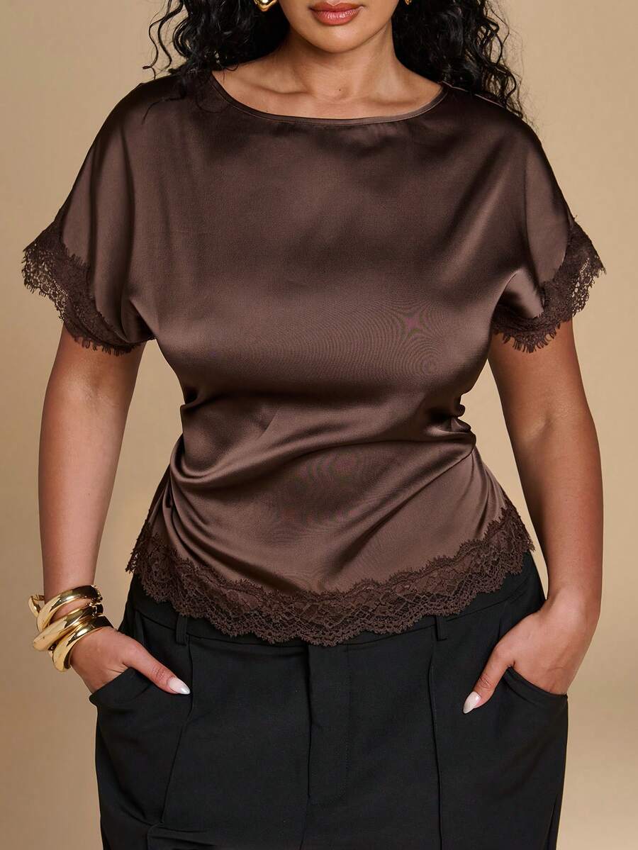 SHEIN BAE CURVE 大尺碼女款蕾絲拼接抓皺休閒百搭日常外出襯衫