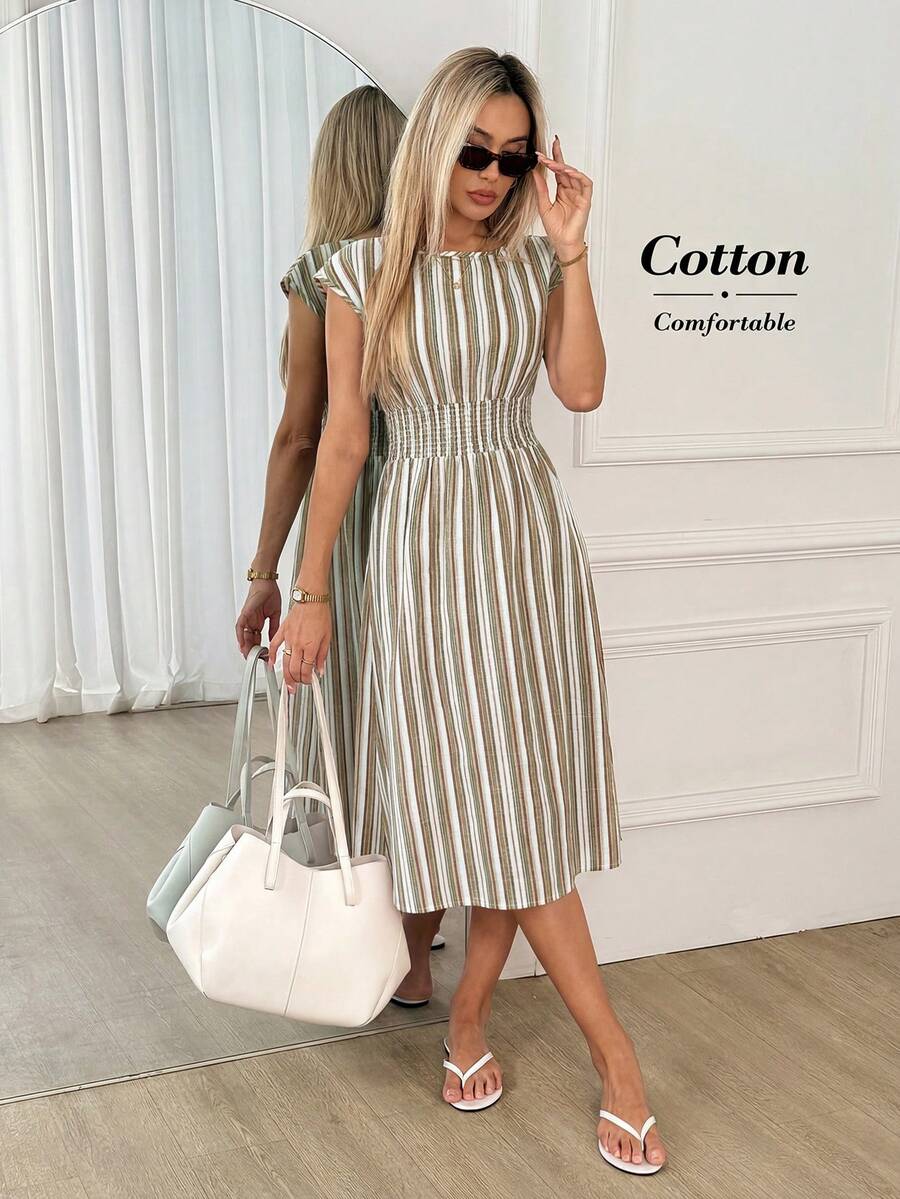 Easowa Gaun Pesta Midi Elegan Wanita dengan Motif Garis-Garis dan Blok Warna, Berlipit, dan Pinggang Terikat. - Hijau - View 1