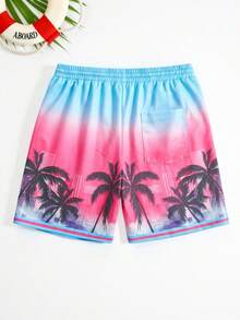 ROMWE MEN Street Life Casual Spring/Summer Beach Vacation Pattern Coconut Tree Letter Drawstring Waist Shorts, School Style - Multicolor - View 2