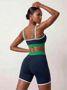 Zivah Women's Piped Cropped Camisole Tank Top And Shorts Sports Set - Navy Blue - View 9