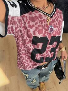 Coolane 女款男款大尺碼夏季秋季街頭風復古運動賽事日休閒網眼寬鬆豹紋粉色V領球衣T恤返校季 - 粉色 - 查看 4