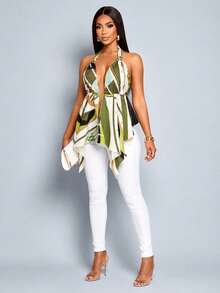 SOLERSUN Top de mujer para vacaciones sexy con estampado integral, cuello halter, espalda descubierta, lazo en la espalda, bajo asimétrico, escote en V profundo, estilo boho, para verano y resort, efecto estilizante - Verde - Ver 3