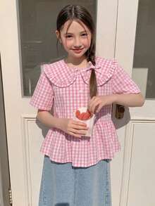Hapijoa Tween Girl Plaid Peter Pan Collar Short Sleeve Single-Breasted Cute Blouse Summer - Coral Pink - View 7